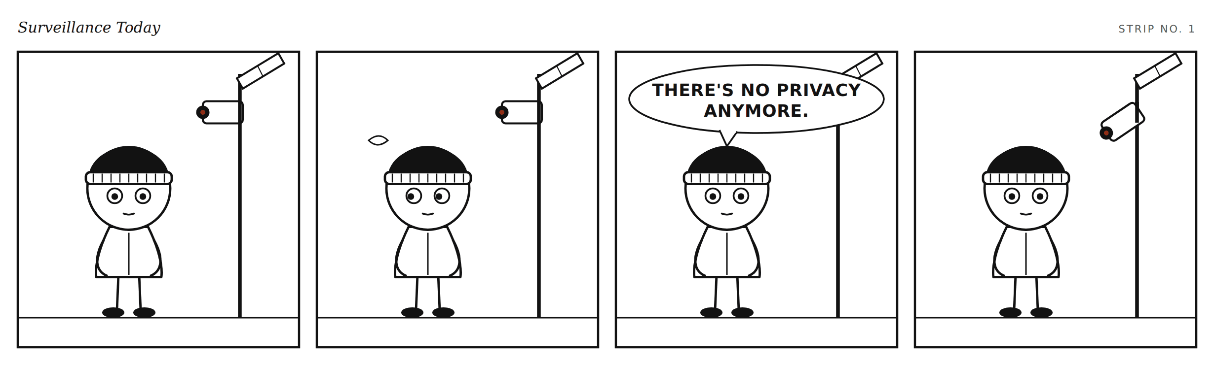 Four panels. A small figure in a knit cap stands near a pole-mounted license-plate camera. In the second panel a leaf drifts by and the figure watches it. In the third the figure says, flatly, "There's no privacy anymore." In the fourth the figure is unchanged; only the camera has turned toward it.