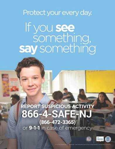 New Jersey poster in a classroom: Report suspicious activity.