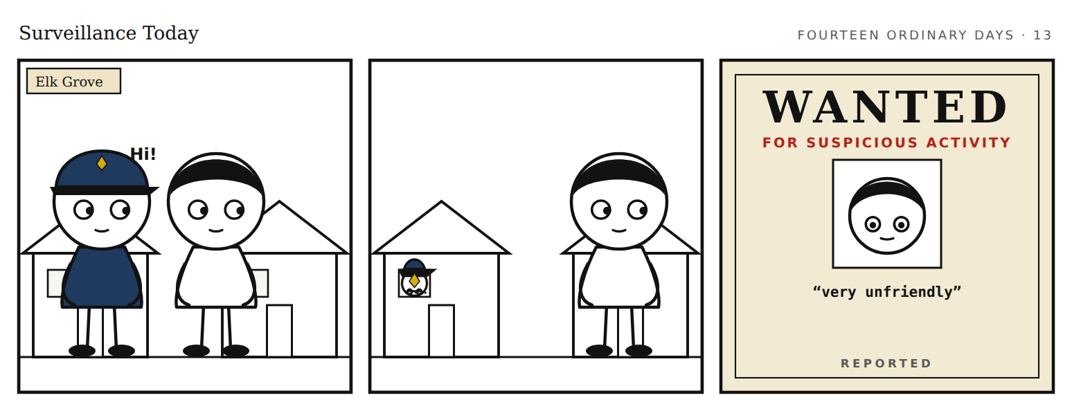 Strip 13: two panels of an ordinary scene, then a WANTED for suspicious activity poster quoting the report.